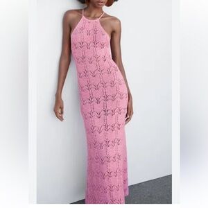 Mango Open Knit Dress pink halter